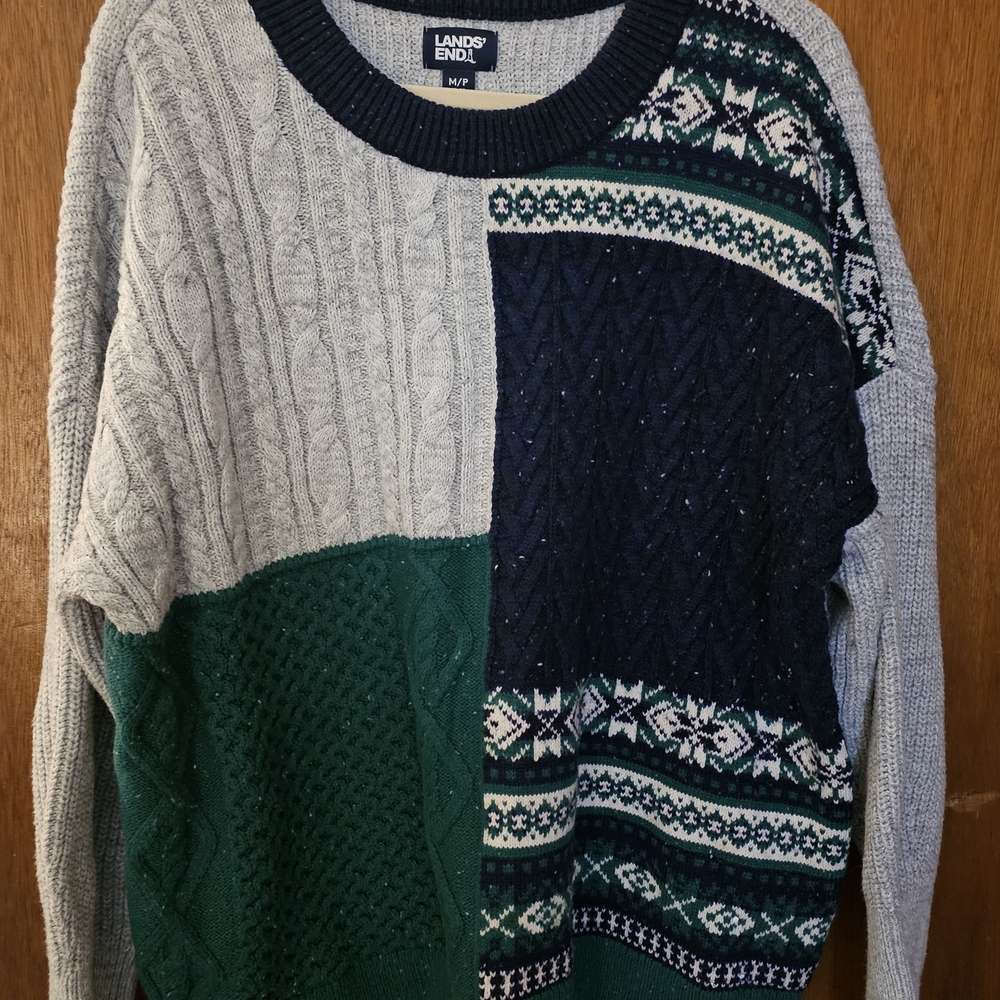 Lands' End Womens Patchwork Sweater in Gray, Green, and Navy